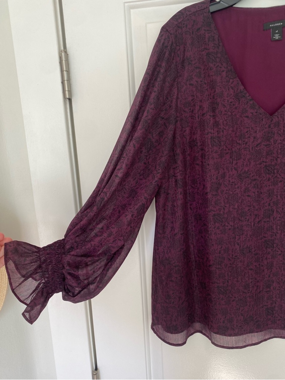 Halogen Plum Shimmer Blouse XL V-Neck Balloon Sleeve Top - Picture 2 of 6